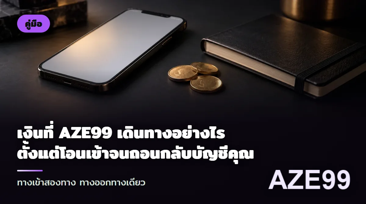 กระปุกเงินใสวางข้างมือถือ เหรียญทองเรียงเป็นทางยาว และสมุดบัญชีธนาคารบนโต๊ะไม้โทนม่วง